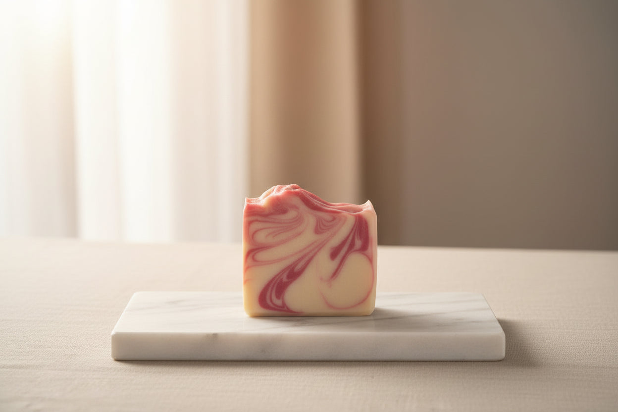 single rose bouquet soap on a write marble soap holder

